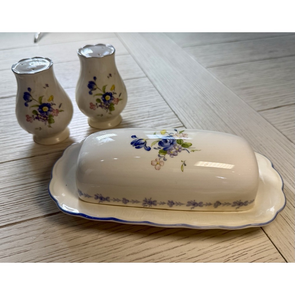 Nikko Blue Peony Vtg Covered Butter Dish W Matching S&P Shaker Floral Cottage